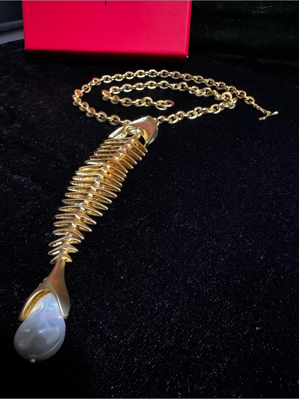 Shiaparelli Inspired Gold Fishbone Pendant Necklace with Pearl Drop